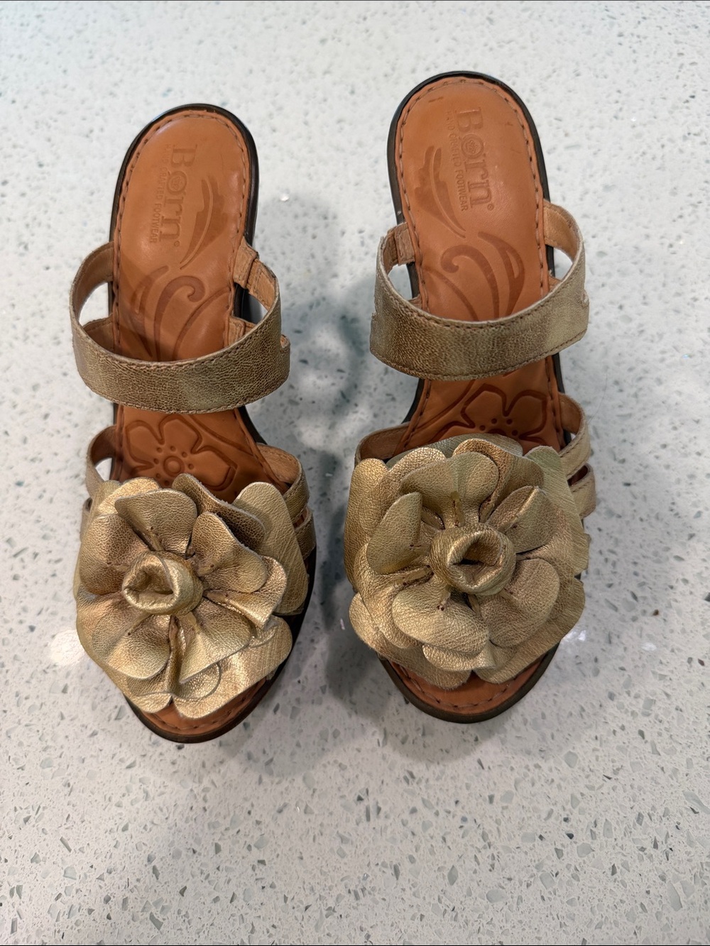 Born Gold Floral Leather Heeled Sandals for Women